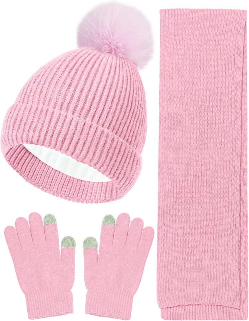 Wandx Kids Winter Hat Gloves Scarf Set Children Pompom Knit Beanie Warm Gloves with Thick Fleece for Boys Girls Ages 4-12 - Image 1